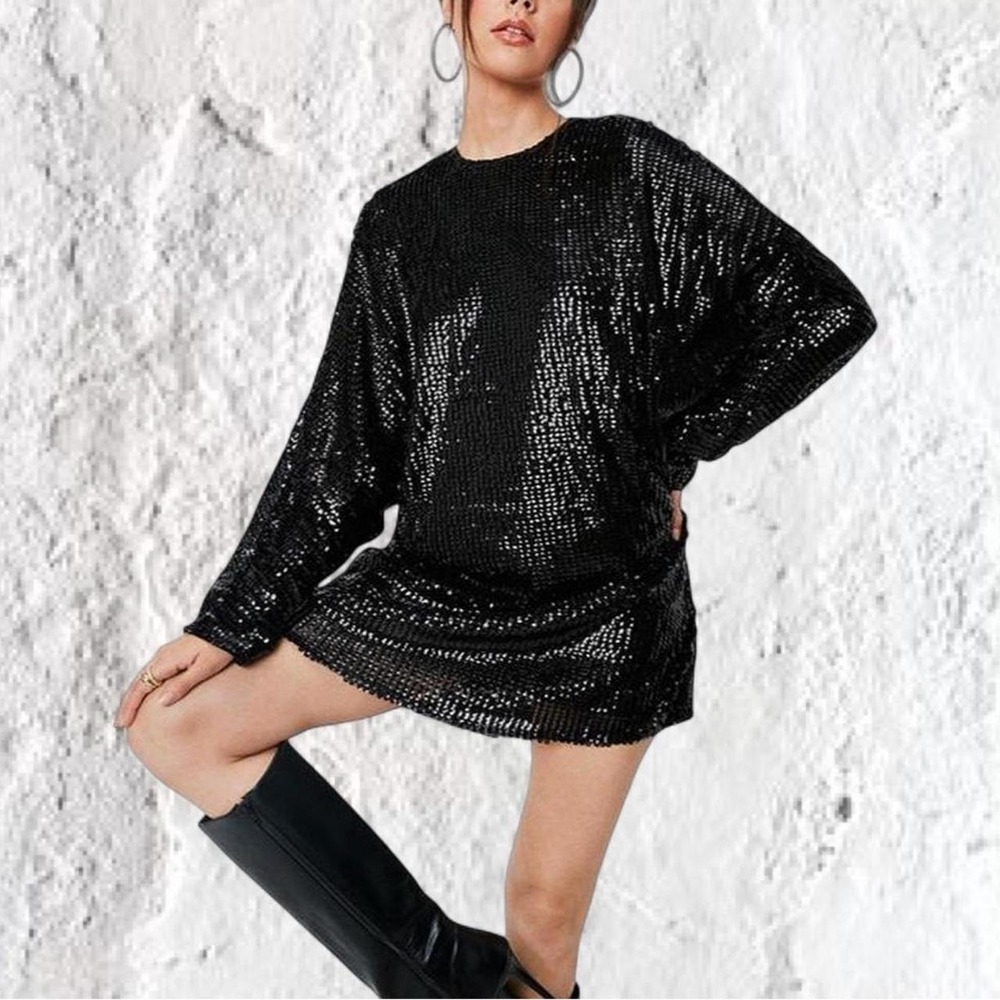 Nasty Gal Collection Black Sequin Mini Dress Dolman Sleeve Shift Goth Holiday 0